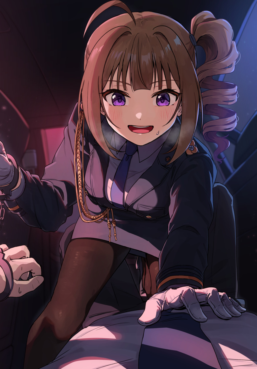 1girl brown_hair drill_hair idolmaster idolmaster_million_live! idolmaster_million_live!_theater_days kamille_(vcx68) looking_at_viewer open_mouth purple_eyes side_ponytail smile solo yokoyama_nao