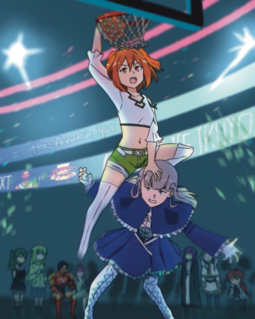 2boys 6+girls ahoge alternate_hair_color armor ball basketball basketball_(object) blue_eyes bocchi_the_rock! braid breasts crossover cube_hair_ornament elf fern_(sousou_no_frieren) frieren gotoh_hitori green_hair green_shorts green_track_suit hair_ornament highres hiroi_kikuri holding holding_phone iron_man kanne_(sousou_no_frieren) lawine_(sousou_no_frieren) lebron_james long_hair marvel marvel_cinematic_universe medium_hair meme multiple_boys multiple_girls navel open_mouth orange_eyes orange_hair phone pointy_ears ponytail purple_hair real_life red_hair short_hair shorts side_ahoge side_ponytail single_braid small_breasts sousou_no_frieren stark_(sousou_no_frieren) the_freakin_yui thighhighs tony_stark track_suit twintails twitter_username ubel_(sousou_no_frieren) venom_dunking_on_spider-man_(meme) white_hair white_thighhighs