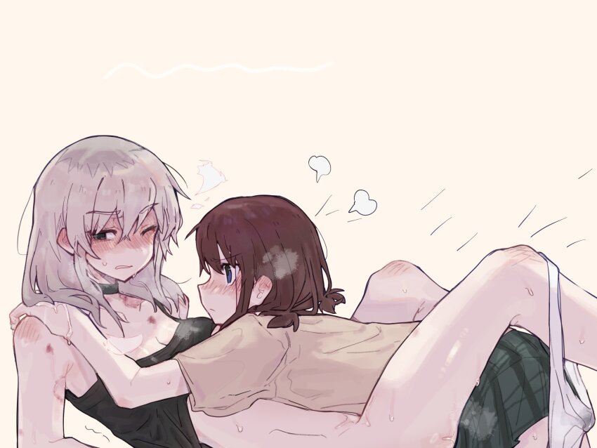 2girls bite_mark bite_mark_on_shoulder black_tank_top blush bottomless brown_shirt closed_mouth clothes_lift commentary ear_blush girls_band_cry grey_eyes grey_hair hand_on_another&#039;s_shoulder hickey highres iseri_nina kawaragi_momoka long_hair multicolored_hair multiple_girls one_eye_closed panties panties_around_leg parted_lips plaid_clothes plaid_skirt pleated_skirt pussy_juice qjrsss red_hair roots_(hair) shirt shirt_lift short_sleeves short_twintails skirt sweat symbol-only_commentary tank_top twintails underwear wet wet_clothes wet_panties white_panties yellow_background yuri