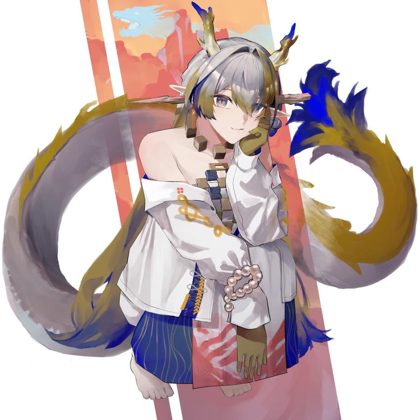 1girl absurdres arknights bare_shoulders barefoot beads blonde_hair breasts chocomaru44 cleavage closed_mouth collarbone colored_extremities commentary dragon_girl dragon_horns dragon_tail earrings full_body grey_eyes grey_hair hair_between_eyes hair_intakes head_rest highres horns jacket jewelry long_hair long_sleeves looking_at_viewer multicolored_hair necklace off_shoulder orange_pupils pointy_ears purple_hair shu_(arknights) smile solo squatting tail toes very_long_hair white_jacket