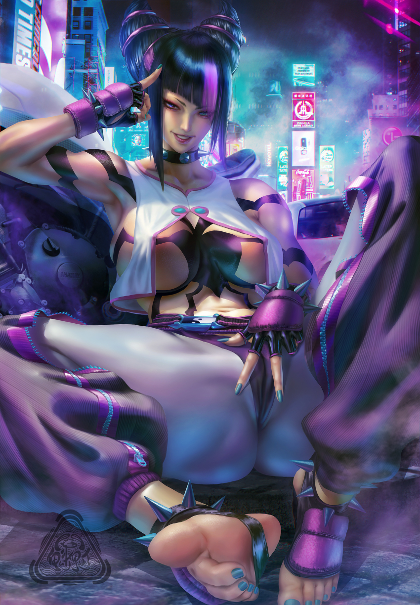 1girl baggy_pants black_hair blue_nails bracelet breasts center_opening collar commentary english_commentary feet fingerless_gloves gloves grin hair_horns halterneck han_juri heterochromia highres jewelry kuiyanxu large_breasts looking_at_viewer mixed-language_commentary multicolored_hair nail_polish neon_lights panties_over_leggings pants purple_hair sitting smile solo spiked_anklet spiked_bracelet spiked_collar spikes street_fighter street_fighter_6 toeless_legwear toenail_polish toenails toes