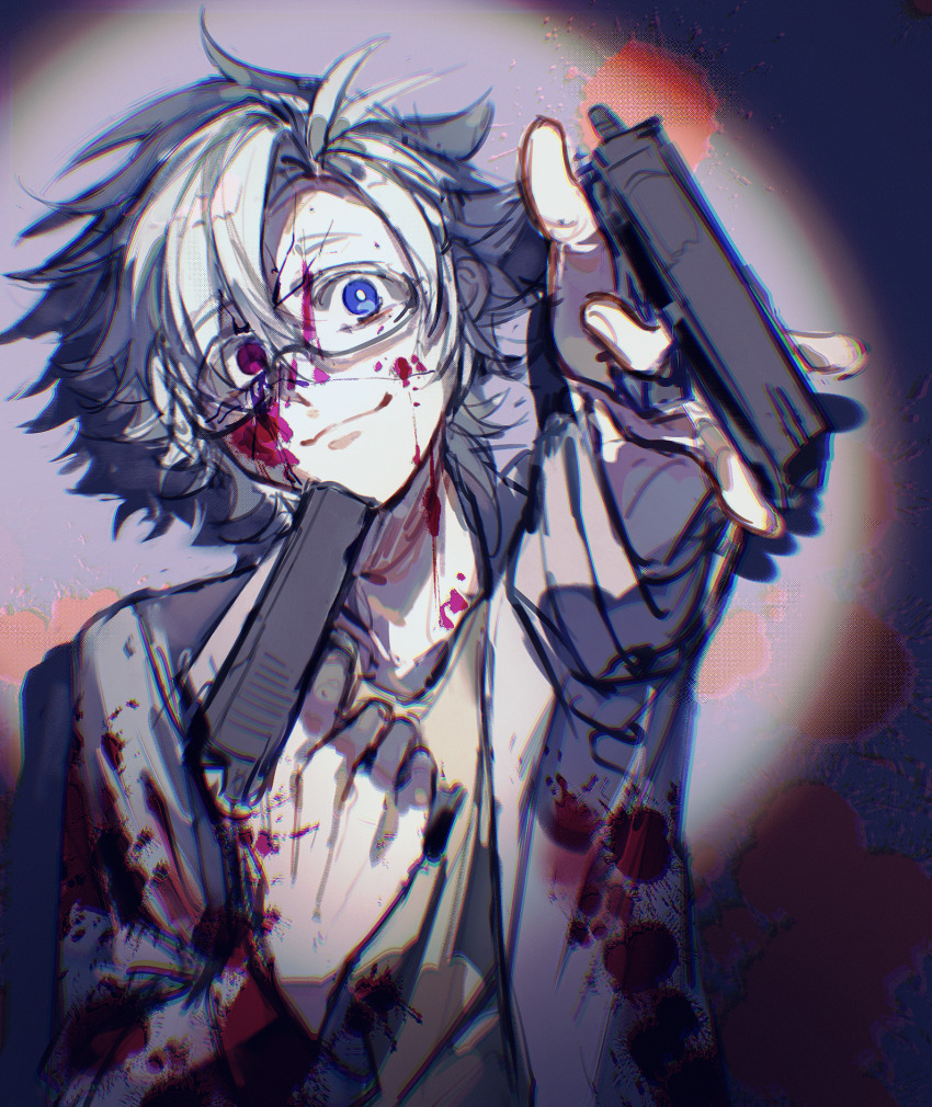 1boy blood blood_on_clothes blood_on_face blood_on_hands blood_on_neck blood_splatter blue_eyes bright_pupils chinese_commentary chromatic_aberration closed_mouth commentary_request cracked_skin glasses gold_rush_(qisiwu83570) grey_shirt gun heterochromia highres holding holding_gun holding_weapon kanou_aogu lab_coat male_focus open_clothes red_eyes saibou_shinkyoku semi-rimless_eyewear shirt short_hair smile solo tareme upper_body weapon white_hair white_pupils