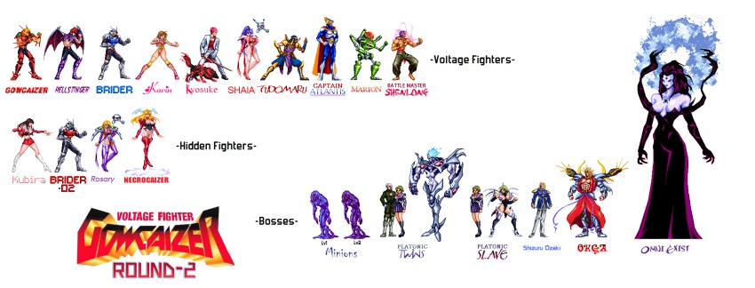 1990s_(style) armor aura bat_wings blonde_hair blue_hair breasts brown_hair choujin_gakuen_gowcaizer cleavage fighting_stance game hellstinger highres hishizaki_shaia_(gowcaizer) kaiza_isato kash_gyustan kubira_(gowcaizer) muscular navel necrocaizer omni_exist oobari_masami pixel_art platonic_twins power_suit red_hair retro_artstyle shigure_kyosuke siblings slime son_karin superhero_costume sword tachibana_ikki technos third-party_edit tokusatsu_hero topless_male twins weapon wings wooden_sword