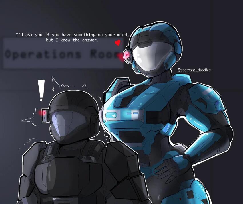 ! 1boy 1girl armor artist_name assault_visor breastplate catherine-b320 commentary english_commentary english_text halo:_reach halo_(series) hand_on_own_hip head_tilt heart height_difference helmet highres odst power_armor spartan_(halo) spartans_doodles surprised