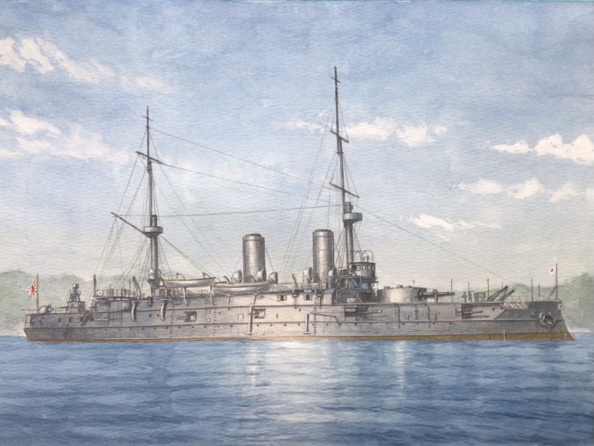 aki_(battleship) atelier_bono battleship cannon flag highres imperial_japanese_army mast military_vehicle mountainous_horizon ocean original painting_(medium) ship ship_turret smokestack traditional_media vehicle_focus warship watercolor_(medium) watercraft