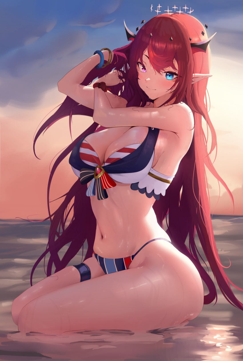 1girl bikini blue_bikini blue_eyes breasts cleavage closed_mouth commentary day double-parted_bangs double_halo english_commentary front-tie_bikini_top front-tie_top hair_between_eyes halo hands_in_own_hair hands_up hetero heterochromia highleg highleg_bikini highres hololive hololive_english hololive_summer_2023_swimsuit horns irys_(hololive) large_breasts layered_bikini long_hair looking_at_viewer navel ocean official_alternate_costume outdoors phaethonvt pointy_ears purple_eyes purple_hair red_hair seiza sitting smile solo star_halo stomach striped_bikini striped_clothes swimsuit thigh_strap very_long_hair virtual_youtuber water wet white_bikini