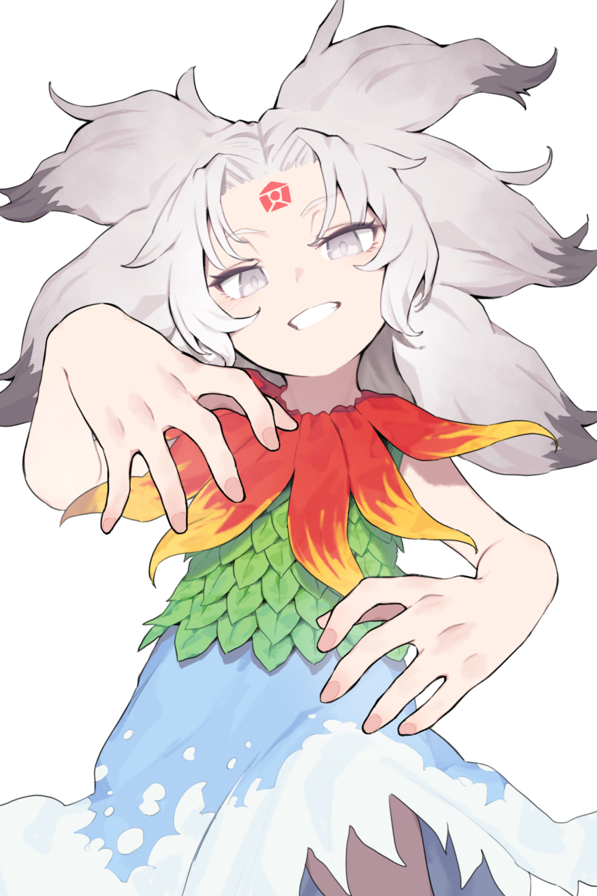 1girl absurdres blue_skirt colored_tips commentary_request cowboy_shot curtained_hair facial_mark forehead_mark garasuno grey_eyes grey_hair highres houjuu_chimi leaf_clothing leaf_shirt long_hair looking_at_viewer multicolored_hair open_mouth simple_background skirt smile solo teeth touhou twitter_username white_background