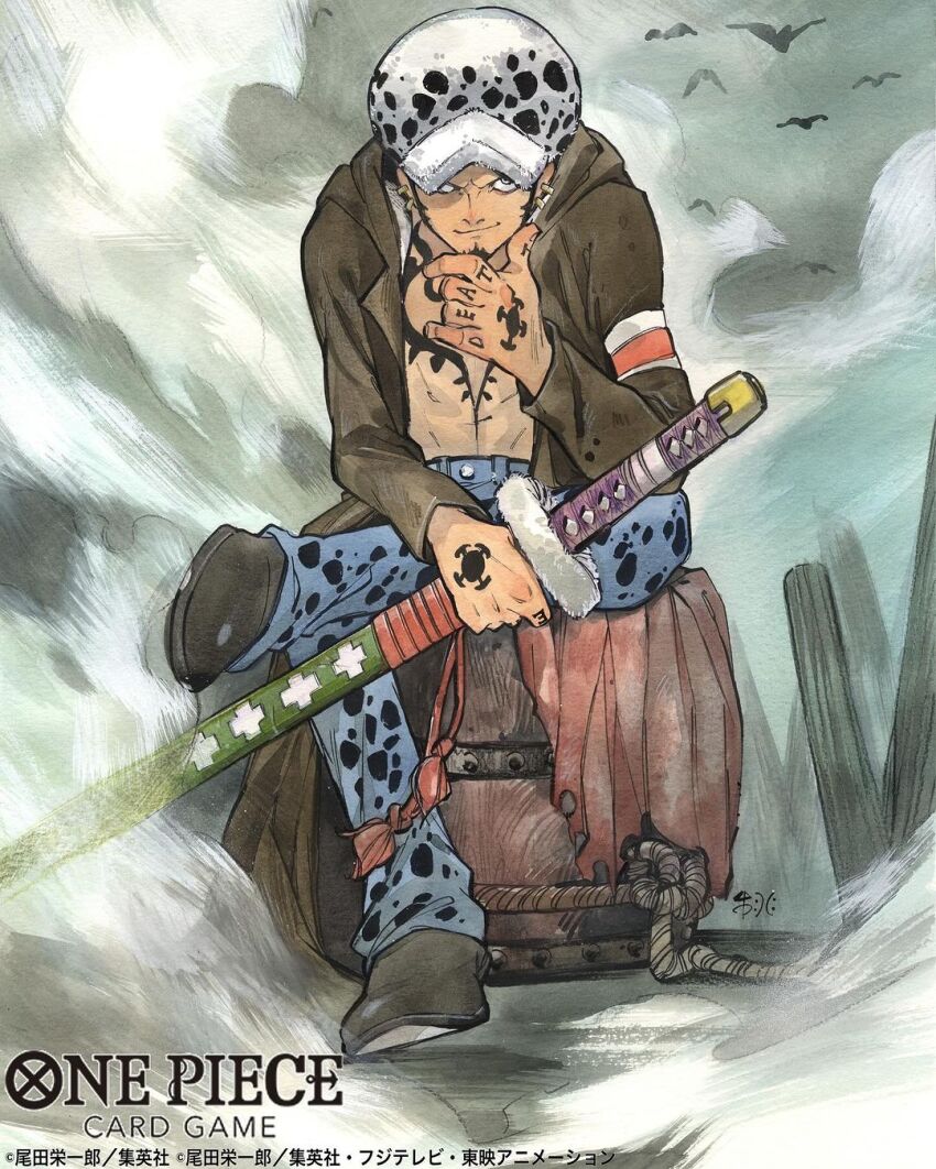 1boy bird black_coat black_hair chest_tattoo closed_mouth cloud coat commentary copyright_name denim earrings english_commentary facial_hair goatee hand_tattoo hat highres holding holding_sword holding_weapon jeans jewelry looking_at_viewer male_focus one_piece one_piece_card_game pants peach_momoko sideburns sitting smirk solo sword tattoo trafalgar_law weapon