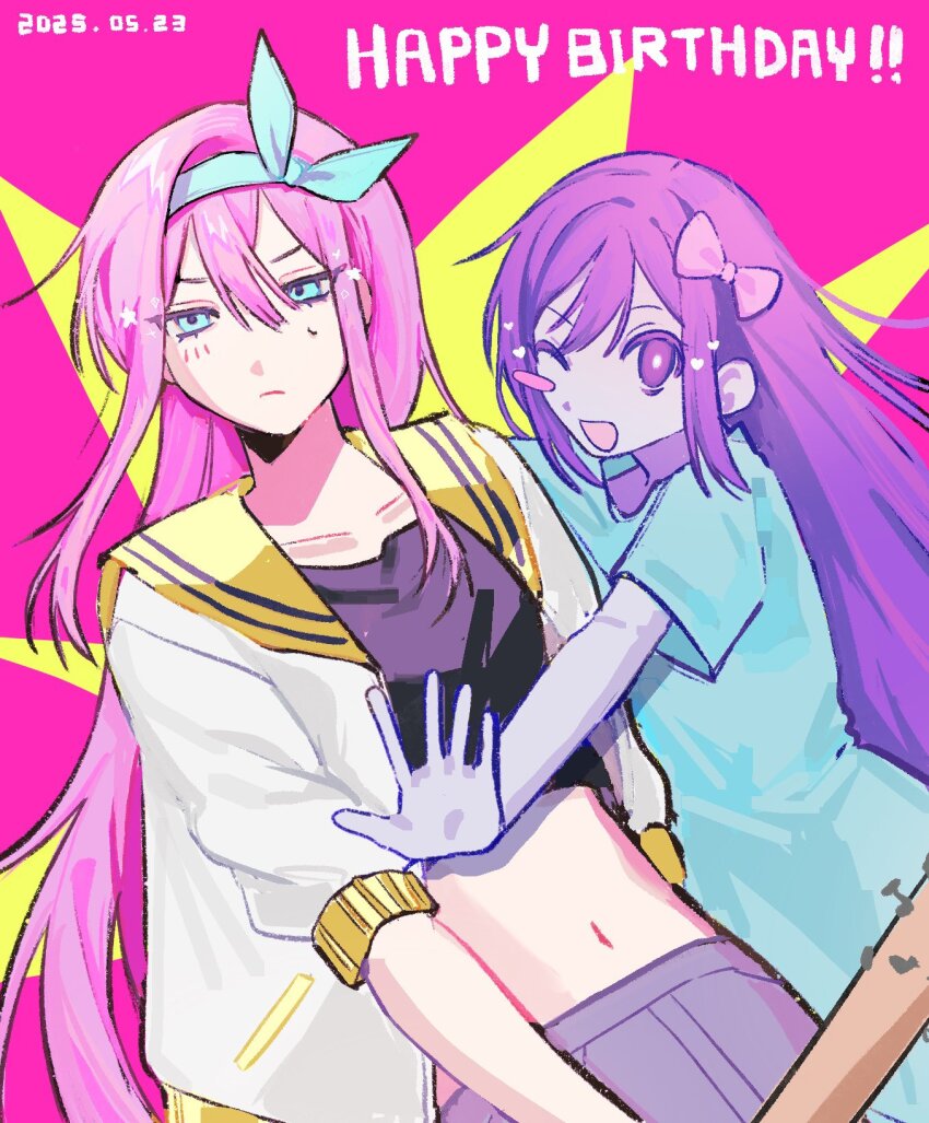 2025 2girls ;d aqua_dress aqua_eyes aqua_hairband aubrey_(faraway)_(omori) aubrey_(headspace)_(omori) aubrey_(omori) avocado_umaaai baseball_bat black_shirt blush_stickers bow bow_hairband breasts bright_pupils closed_mouth collarbone colored_skin commentary_request cowboy_shot crop_top cropped_shirt dated denim denim_skirt double-parted_bangs dress dual_persona eyebrows_hidden_by_hair film_grain grey_skirt hair_between_eyes hair_bow hairband happy_birthday highres holding holding_baseball_bat jacket long_hair looking_at_viewer midriff multiple_girls nail_(hardware) nail_bat navel omori one_eye_closed open_clothes open_jacket open_mouth outstretched_arm pink_background pink_bow pink_hair purple_eyes purple_hair sailor_collar shirt short_sleeves simple_background single_blush_sticker skirt small_breasts smile star_(symbol) straight_hair sweatdrop three-quarter_sleeves two-tone_background v-shaped_eyebrows very_long_hair white_jacket white_pupils white_skin yellow_background yellow_sailor_collar