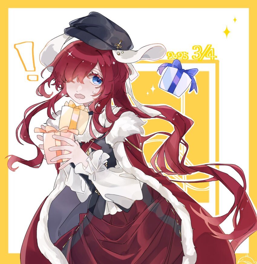 ! 1girl black_hat black_vest blue_eyes box newsboy_cap cape fur-trimmed_cape fur_trim gift gift_box hair_over_one_eye happy_birthday hat highres holding holding_gift long_sleeves ms_r_r puffy_long_sleeves puffy_sleeves red_hair red_skirt reverse:1999 short_hair_with_long_locks sidelocks simple_background skirt solo vest white_background yellow_background yenisei_(reverse:1999)