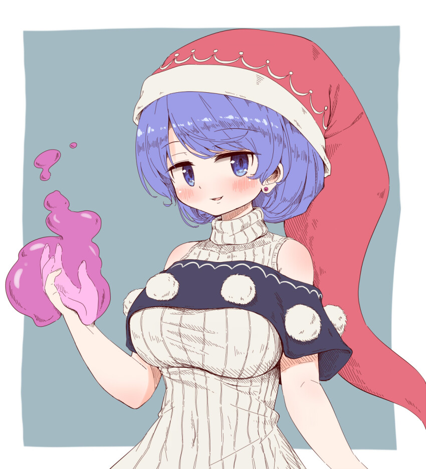 1girl adapted_costume arinu blob blue_eyes blue_hair blush breasts doremy_sweet dream_soul dress ear_piercing hat highres large_breasts nightcap open_mouth piercing pom_pom_(clothes) red_hat ribbed_sweater short_hair short_sleeves smile solo sweater sweater_dress touhou upper_body white_sweater