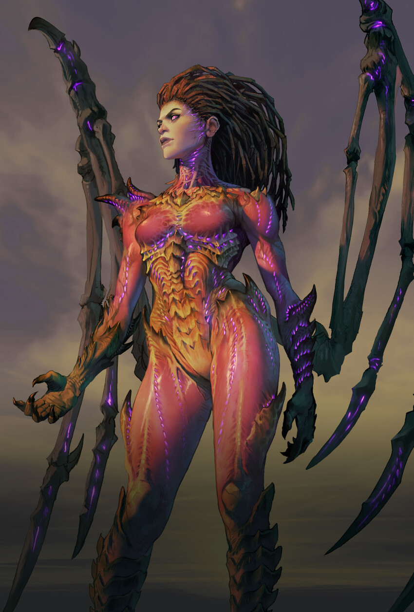 absurdres arm_armor colored_skin glowing glowing_eyes highres leg_armor low_wings non-web_source queen_of_blades sarah_kerrigan skeletal_armor skeletal_wings wings zerg_(starcraft)