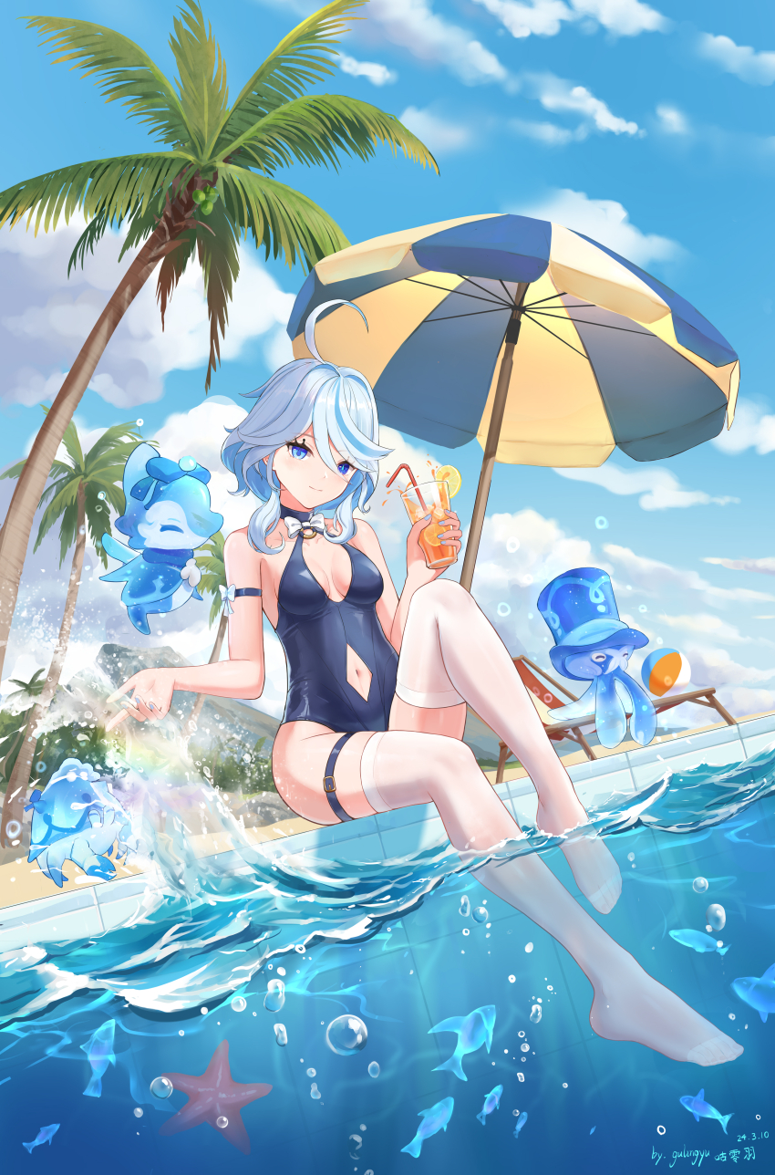 1girl absurdres ahoge armband artist_name ball bare_shoulders beach beach_umbrella beachball blue_armband blue_eyes blue_hair blue_one-piece_swimsuit blue_sky bow breasts chinese_commentary cleavage clothing_cutout cloud commentary_request covered_navel cup dated deck_chair drinking_straw drop-shaped_pupils fish food fruit furina_(genshin_impact) genshin_impact gentilhomme_usher glass gu_ling_yu hair_between_eyes hand_up heterochromia highleg highleg_one-piece_swimsuit highres holding holding_cup hydrokinesis ice ice_cube leg_up lemon lemon_slice light_blue_hair mademoiselle_crabaletta medium_breasts multicolored_hair multicolored_umbrella navel_cutout one-piece_swimsuit palm_tree short_hair_with_long_locks sitting sky solo_focus starfish streaked_hair surintendante_chevalmarin swimsuit symbol-shaped_pupils thigh_strap thighhighs thighs toes tree two-tone_hair umbrella volcano water white_bow white_hair white_thighhighs