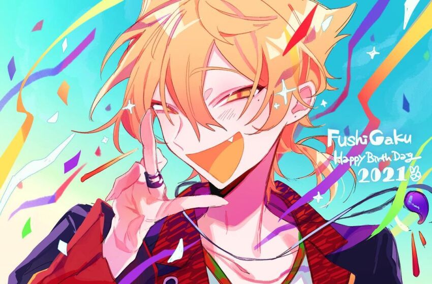 1boy aqua_background black_jacket character_name collarbone colored_mouth confetti fang fushimi_gaku fushimi_gaku_(1st_costume) gradient_background hair_between_eyes half-closed_eyes hand_up happy_birthday himanemuitoma jacket jewelry lapels long_sleeves looking_at_viewer low_ponytail male_focus necklace nijisanji notched_lapels open_mouth orange_eyes orange_hair ponytail portrait ring short_hair short_ponytail simple_background smile solo sparkle three_quarter_view tongue virtual_youtuber w yellow_background