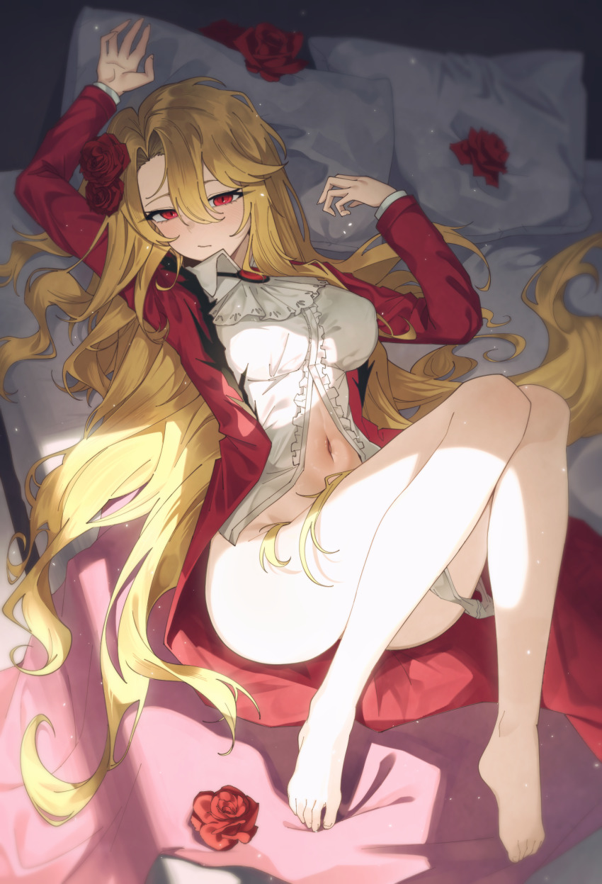 1girl barefoot bed blonde_hair breasts coat commentary_request don_quixote_(project_moon) feet flower highres korean_commentary large_breasts layer_(layer_illust) limbus_company long_hair lying midriff navel on_back on_bed panties panties_around_leg project_moon red_coat red_eyes red_flower red_rose rose sancho_(project_moon) shirt solo toes underwear very_long_hair white_panties white_shirt