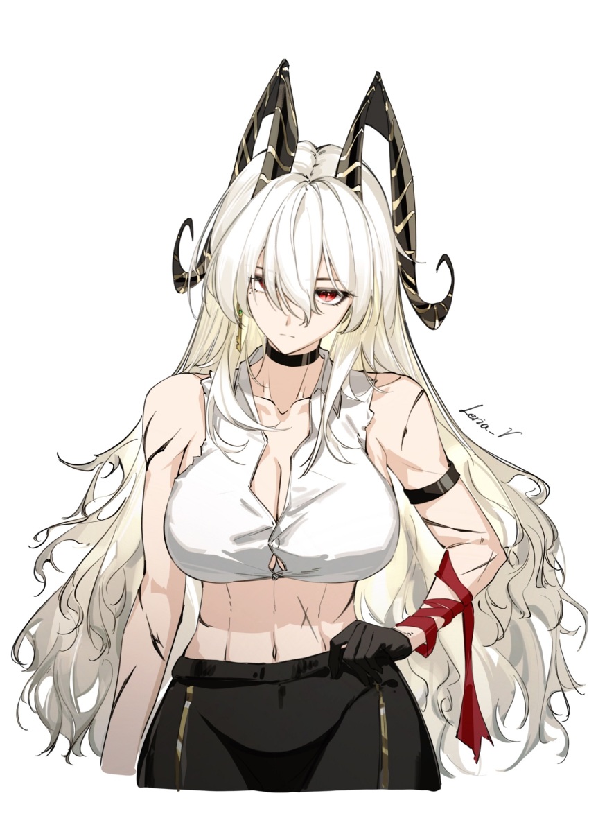 1girl alternate_form arm_strap black_gloves black_horns black_pants breasts button_gap closed_mouth collarbone commentary crop_top cropped_legs curled_horns duplicate earrings english_commentary gloves hair_between_eyes hand_on_own_hip highres horns jewelry key_earrings large_breasts leria_v long_hair navel necktie necktie_around_wrists pants red_eyes red_necktie scar scars_all_over shirt signature simple_background solo stomach toned toned_female too_many very_long_hair white_background white_shirt wuthering_waves zani_(wuthering_waves)