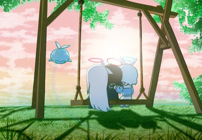 3girls arona_(blue_archive) blue_archive blue_hair blue_halo blue_shirt bow_hairband from_behind hairband halo hand_on_another&#039;s_back highres light_blue_hair long_hair multiple_girls ohitome_kohane on_swing plana_(blue_archive) project_kv red_halo shirt sitting sunset swing swing_set whale white_hairband yukko_(hcryh955)