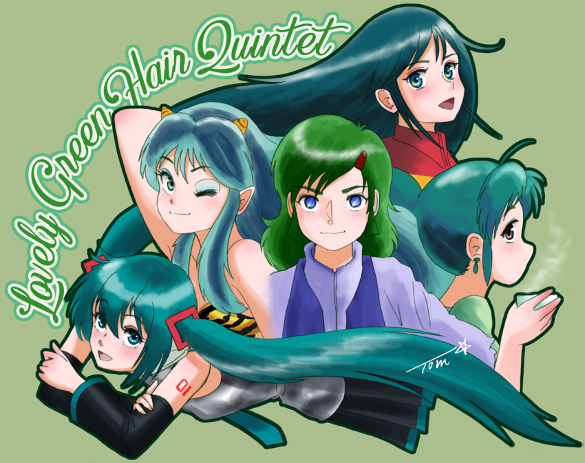 5girls animal_print aqua_eyes aqua_hair blue_bow blue_bowtie bow bowtie choudenji_robo_combattler_v chutohampa color_connection commentary_request cup detached_sleeves elchi_cargo english_text green_background green_hair hair_color_connection hair_ornament hairclip hatsune_miku hatsuseno_alpha holding holding_cup jacket long_hair looking_at_viewer lum medium_hair multiple_girls nanbara_chizuru one_eye_closed open_mouth pleated_skirt pointy_ears sentou_mecha_xabungle sidelocks signature simple_background skirt sleeveless tiger_print urusei_yatsura vocaloid yokohama_kaidashi_kikou