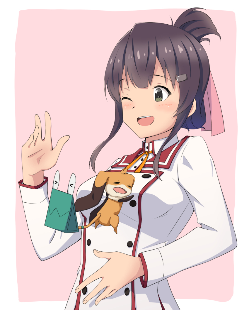 1girl ;d blush border breasts collared_shirt commentary_request creature folded_ponytail green_eyes highres large_breasts long_sleeves motsutoko neck_ribbon nene_(toji_no_miko) one_eye_closed open_mouth orange_ribbon outside_border pink_background purple_hair red_sailor_collar ribbon sailor_collar school_uniform shirt sidelocks simple_background smile solo standing toji_no_miko upper_body white_border white_shirt winter_uniform yanase_mai