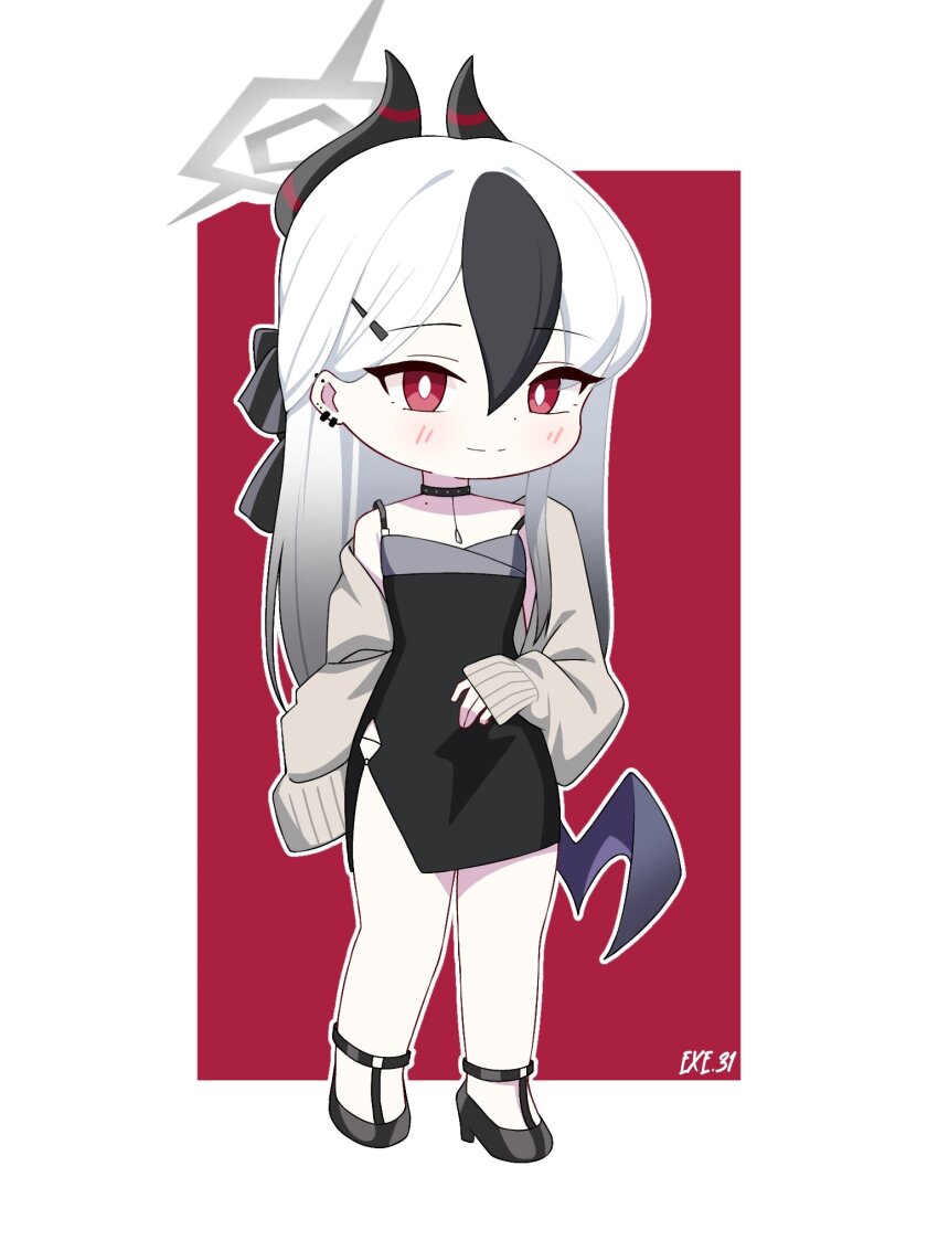 1girl artist_name bare_legs black_bow black_choker black_dress black_hair black_horns black_shoes blue_archive bow bright_pupils cardigan chibi chibi_only choker collarbone demon_horns demon_wings dress ear_piercing exe.31 full_body grey_cardigan grey_halo hair_between_eyes hair_bow halo highres horns kayoko_(blue_archive) kayoko_(dress)_(blue_archive) looking_at_viewer low_wings mole mole_on_collarbone multicolored_hair nightgown official_alternate_costume open_cardigan open_clothes outline pendant_choker piercing red_background red_eyes shoes side_slit single_off_shoulder single_wing sleeveless sleeveless_dress smile solo spaghetti_strap strappy_heels streaked_hair two-tone_background two-tone_hair white_background white_hair white_outline white_pupils wings