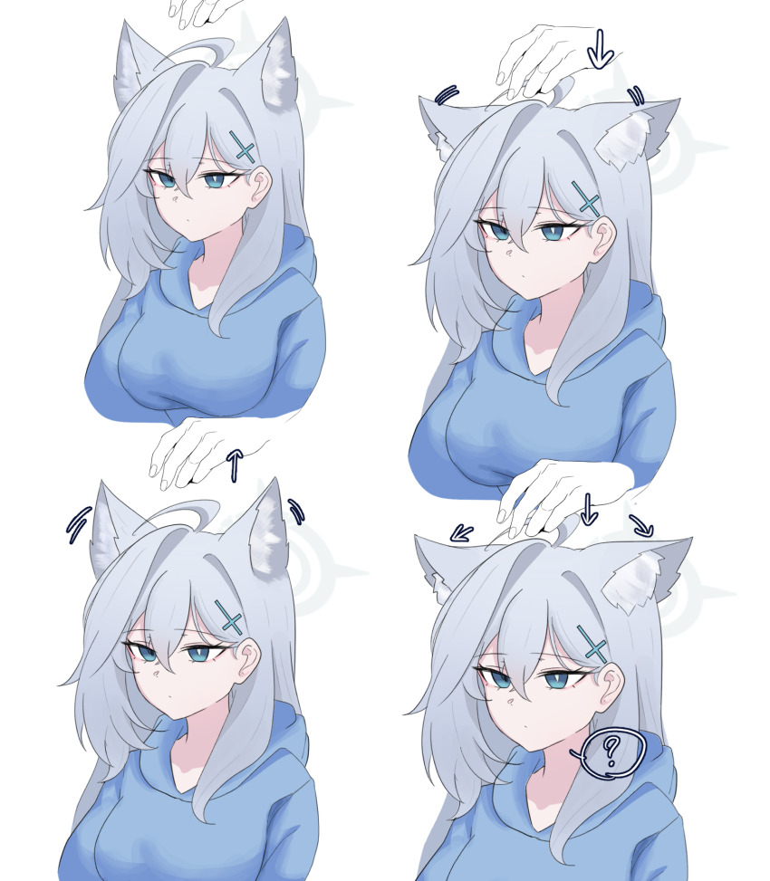 1girl 1other ? ahoge animal_ears aqua_eyes arrow_(symbol) blue_archive blue_hoodie cropped_torso disembodied_hand grey_hair highres hood hoodie looking_ahead mismatched_pupils prank shiroko_(blue_archive) shiroko_terror_(blue_archive) skyrain315 spoken_question_mark wolf_ears