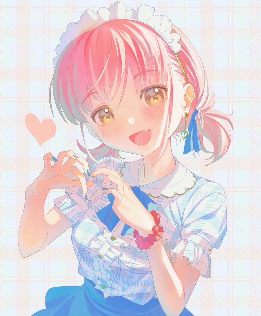 1girl :d absurdres aqua_hair bare_arms blue_bow blue_bowtie blue_nails blue_ribbon blue_skirt blush bow bowtie buttons center_frills commentary earrings fang frills hair_ribbon heart heart_earrings heart_hands highres jdge jewelry looking_at_viewer low_twintails maid_headdress medium_hair multicolored_hair nail_polish open_mouth original pink_hair plaid_background plaid_clothes plaid_shirt red_scrunchie ribbon scrunchie shirt short_sleeves short_twintails simple_background skin_fang skirt smile solo twintails two-tone_hair wrist_scrunchie yellow_eyes