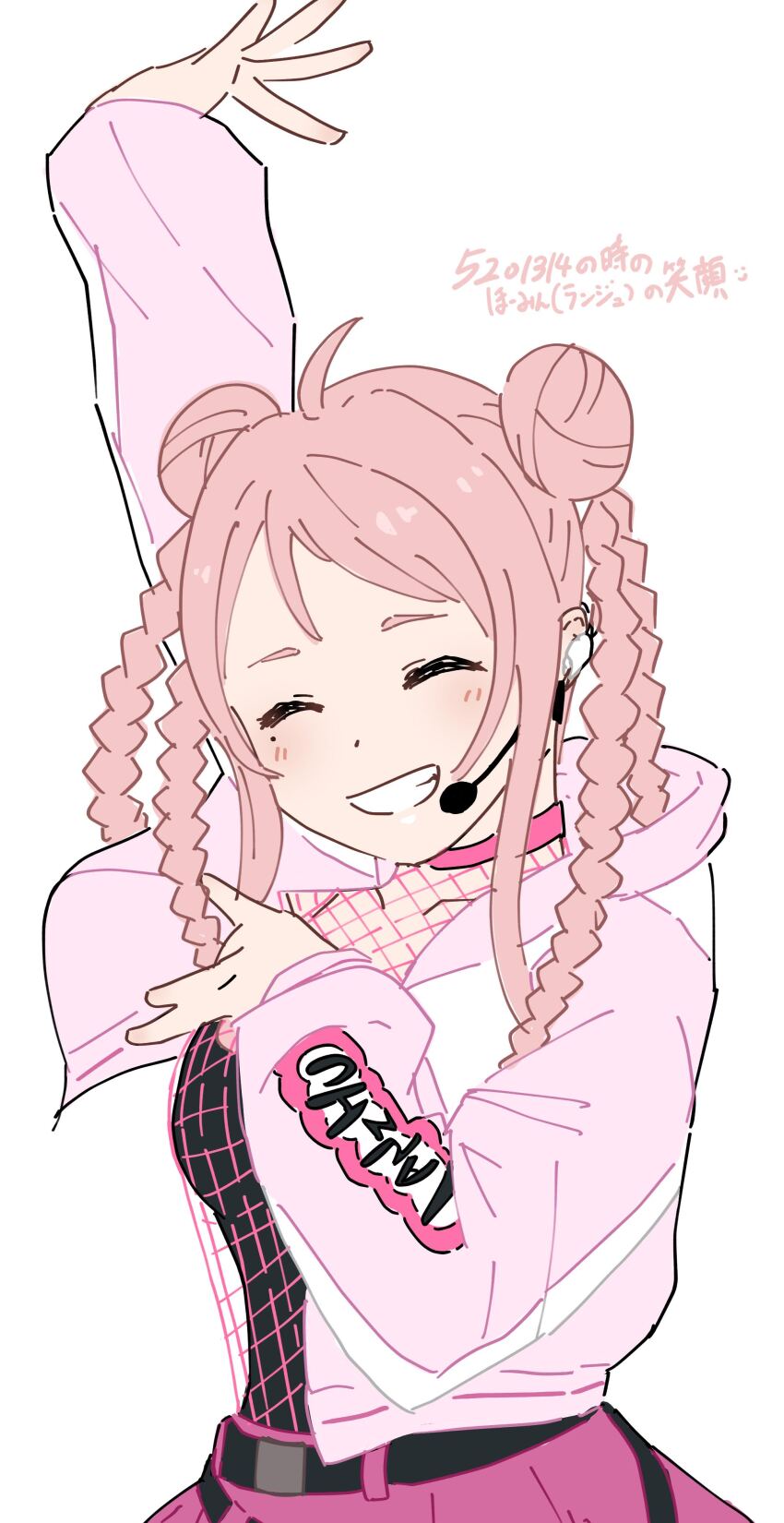1girl absurdres ahoge belt black_belt blush braid braided_pigtails breasts chinese_text choker ear_microphone eyebrows fishnets hair_bun highres jacket love_live! love_live!_nijigasaki_high_school_idol_club microphone mole mole_under_eye name_on_shirt pink_choker pink_hair pink_skirt poses skirt smile song_name teeth white_background zhong_lanzhu