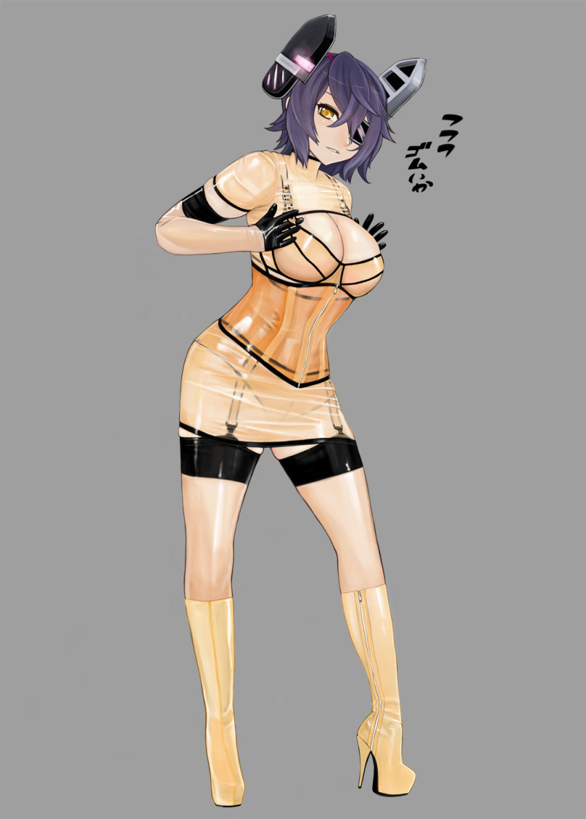 10s boots breasts_squeezed_together breasts cleavage contrapposto corset elbow_gloves eyepatch full_body garter_belt garter_straps gloves grey_background high_heel_boots high_heels highres kantai_collection komii large_breasts latex latex_gloves latex_legwear looking_at_viewer parted_lips purple_hair short_hair simple_background skindentation solo standing tenryuu_(kancolle) thighhighs yellow_eyes
