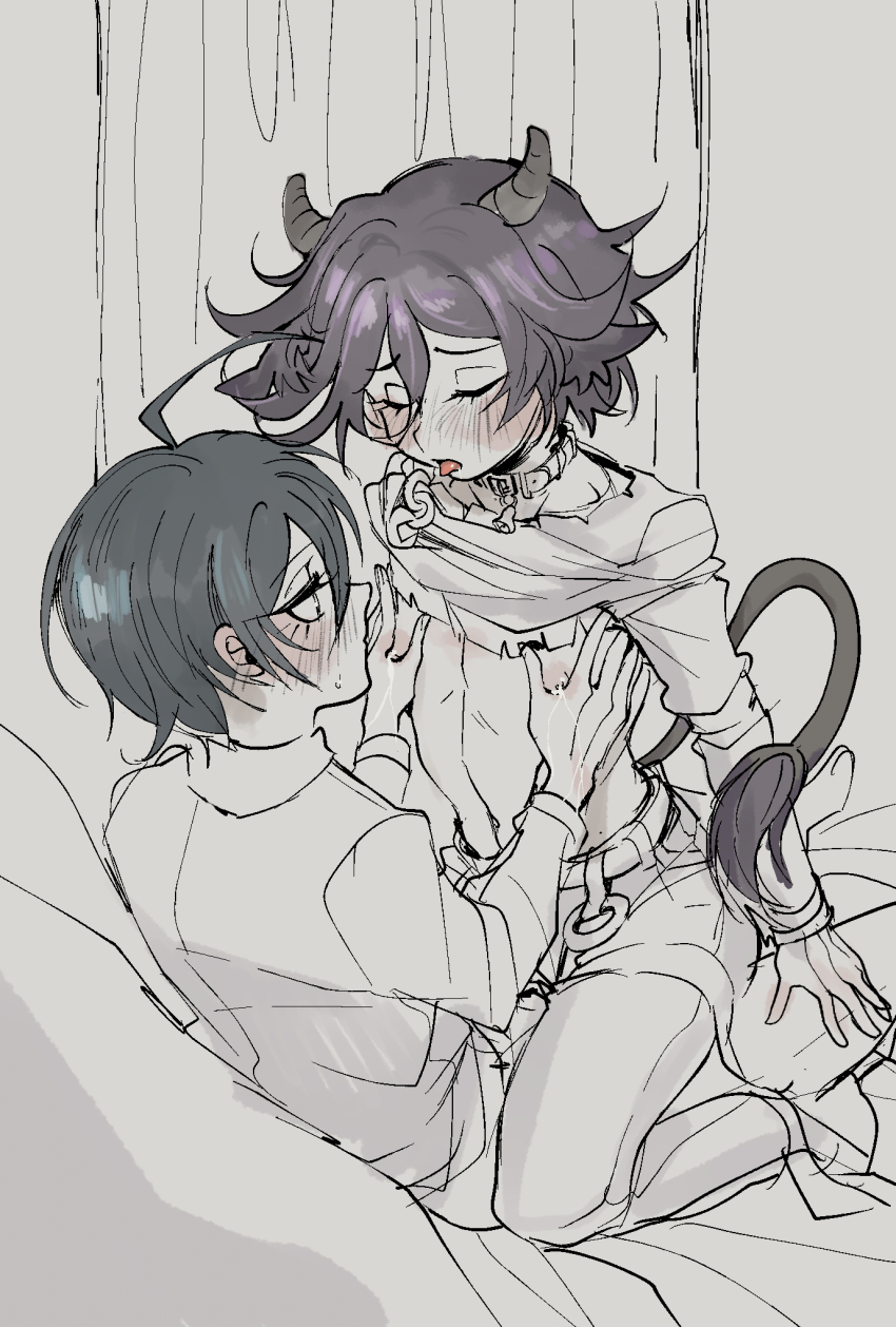 2boys 2cao ahoge animal_ears aroused bell black_hair blush clothes_lift collar commentary_request cow_boy cow_ears cow_horns cow_tail danganronpa_(series) danganronpa_v3:_killing_harmony eyelashes flipped_hair hair_between_eyes highres horns lactation long_sleeves male_focus male_lactation medium_hair monochrome multiple_boys muted_color neck_bell nipple_stimulation nipple_tweak oma_kokichi on_bed on_lap open_mouth profile purple_hair saihara_shuichi shirt_lift short_hair sketch spot_color sweat tail thigh_strap tongue tongue_out trap yaoi