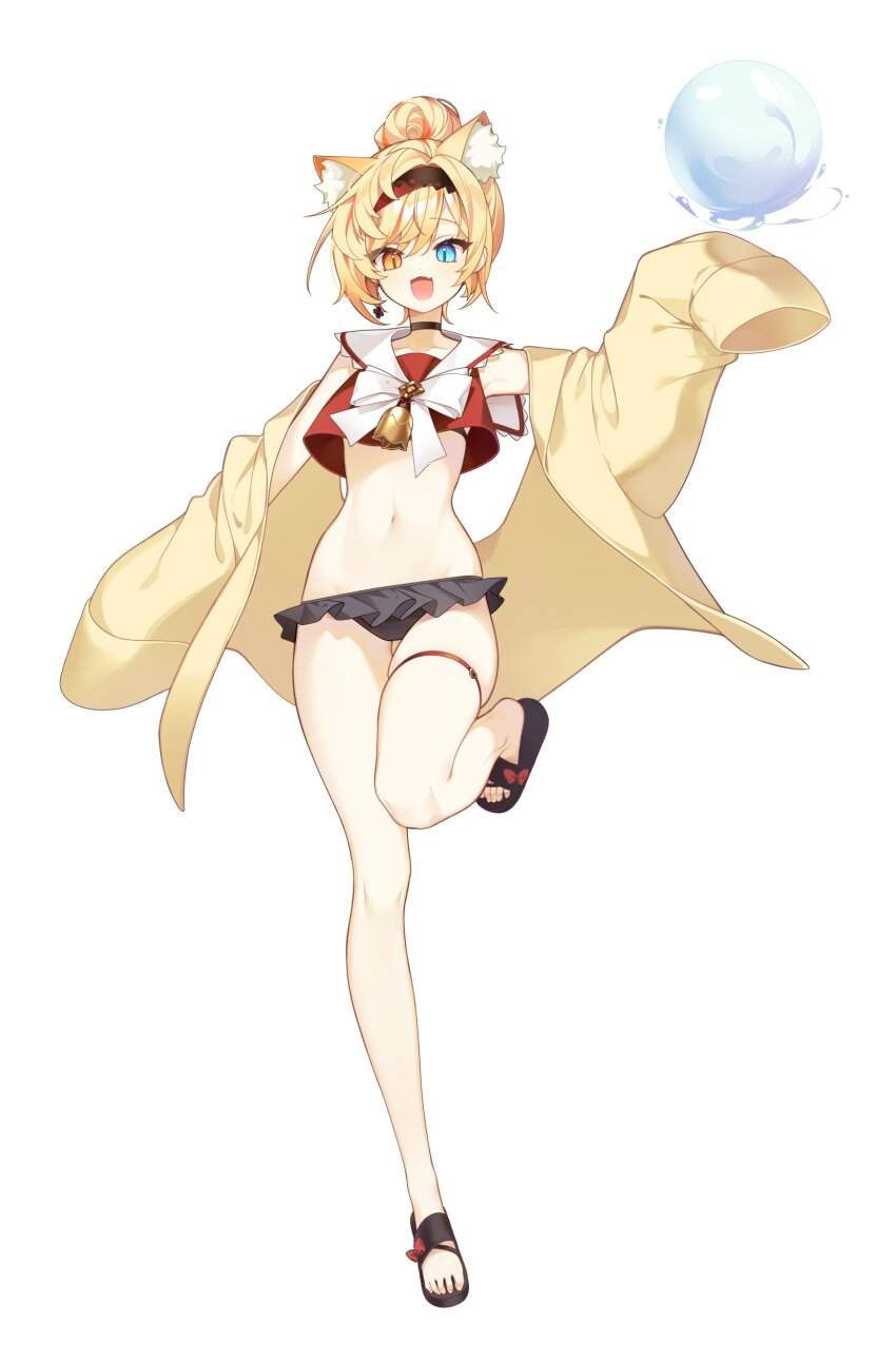 1girl absurdres animal_ears black_choker black_survival blonde_hair blue_eyes cardigan cat_ears cat_girl choker eternal_return:_black_survival hair_between_eyes heterochromia highres irem_(black_survival) kedge medium_hair navel simple_background solo thighs white_background yellow_cardigan yellow_eyes