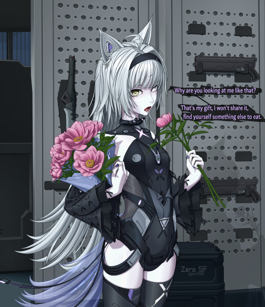 1girl ahoge black_hairband black_leotard black_sleeves black_thighhighs bouquet breasts collar commentary detached_sleeves english_commentary english_text flower grey_eyes grey_hair hair_intakes hairband heterochromia highres holding holding_bouquet leotard long_hair mismatched_pupils no._21:_feral_scent_(pgr) no._21_(pgr) open_mouth punishing:_gray_raven sidelocks small_breasts solo symbol-shaped_pupils thighhighs very_long_hair yellow_eyes zero_sf