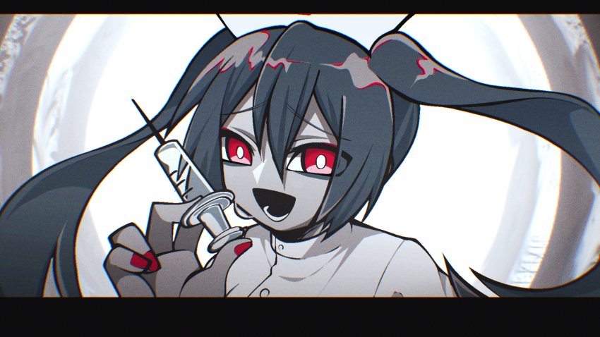 1girl :d blue_hair chromatic_aberration commentary_request fingernails hair_between_eyes hatsune_miku highres holding holding_syringe long_hair lower_teeth_only magical_doctor_(vocaloid) nail_polish neko_7567 open_mouth partial_commentary pillarboxed red_eyes red_nails shirt smile solo syringe teeth twintails very_long_hair vocaloid white_shirt