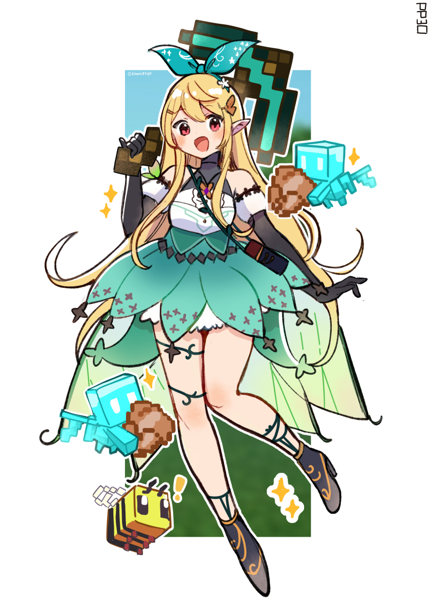 absurdres axe bee bee_(minecraft) black_footwear black_gloves blonde_hair bow bug elbow_gloves full_body gloves green_skirt hair_bow hakamii halterneck high-waist_skirt highres insect long_hair minecraft minecraft_pickaxe nijisanji nijisanji_en open_mouth pickaxe pointy_ears pomu_rainpuff red_eyes shirt shirt_tucked_in skirt sleeveless sleeveless_shirt smile virtual_youtuber white_shirt
