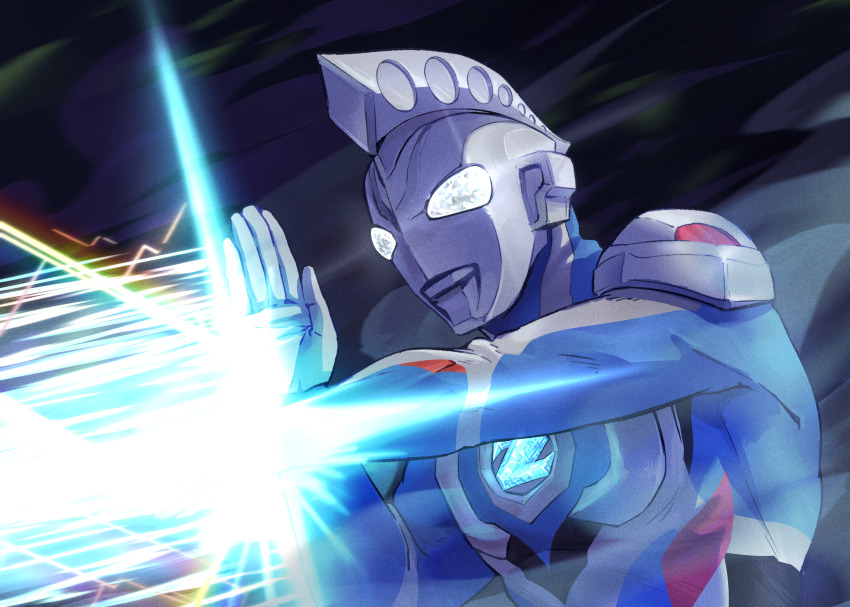 1boy absurdres alien bodysuit chopchopguy commentary dorsal_fin fighting_stance hand_up highres male_focus solo standing tokusatsu ultra_series ultraman_z ultraman_z_(original) ultraman_z_(series) upper_body white_eyes