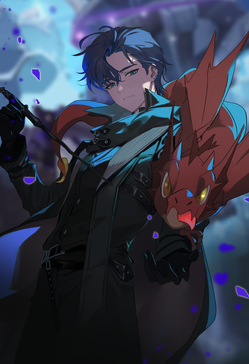 1boy absurdres animal animal_on_shoulder baby black_cape black_coat black_gloves blue_eyes blue_hair blurry blurry_background cape closed_mouth coat commentary dragon earrings flame-tipped_tail frown gloves harry_potter:_magic_awakened harry_potter:_magic_awakened_design_award harry_potter_(series) highres holding holding_wand jewelry looking_at_viewer mole mole_under_eye orange_eyes original tongue tongue_out user_njxs7334 wand wizarding_world