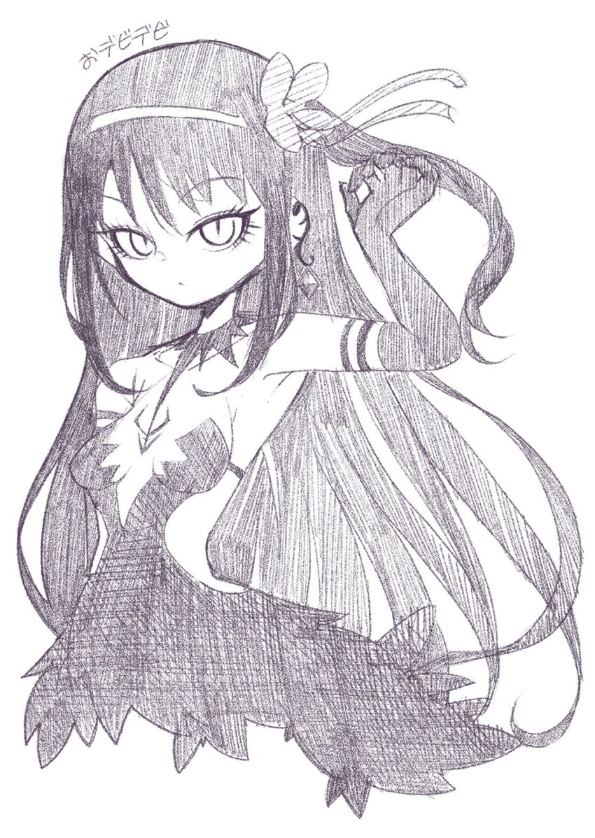 1girl akemi_homura akuma_homura arm_up breasts center_opening detached_collar elbow_gloves gloves greyscale hairband hatching_(texture) highres long_hair looking_at_viewer mahou_shoujo_madoka_magica mahou_shoujo_madoka_magica:_hangyaku_no_monogatari monochrome revealing_clothes saigokudou solo