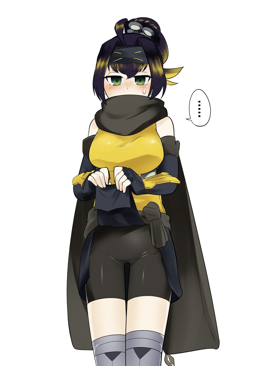 ... 1girl absurdres ahoge bike_shorts black_hair blush breasts clothes_lift covered_mouth cowboy_shot duel_monster elbow_gloves gloves green_eyes highres large_breasts lifting_own_clothes looking_at_viewer ponytail s-force_rappa_chiyomaru s:p_little_knight sawan_cutman shirt simple_background skirt skirt_lift sleeveless sleeveless_shirt solo thighhighs white_background yu-gi-oh! zettai_ryouiki