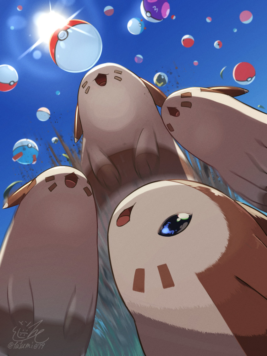 :o commentary_request day furret gen_2_pokemon great_ball highres looking_up master_ball nintendo no_humans open_mouth outdoors poke_ball poke_ball_(basic) pokemon pokemon_(creature) pokemon_stadium sky sun tatsumi_(panneko) tongue