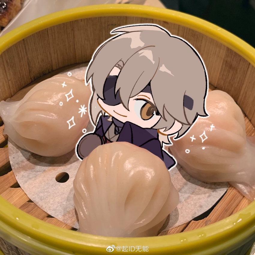 1boy absurdres ameinu black_jacket black_necktie brown_eyes chibi eyepatch food grey_hair highres jacket looking_at_viewer male_focus mini_person miniboy necktie one_eye_covered original short_hair smile solo solo_focus sparkle watermark weibo_username weibo_watermark