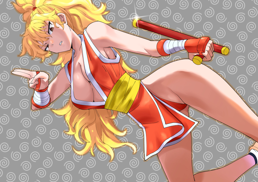 1girl blonde_hair breasts brown_eyes final_fight final_fight_2 genryuusai_maki high_ponytail highleg highres holding japanese_clothes large_breasts long_hair looking_at_viewer pelvic_curtain ponytail solo toku_sonchou tonfa weapon