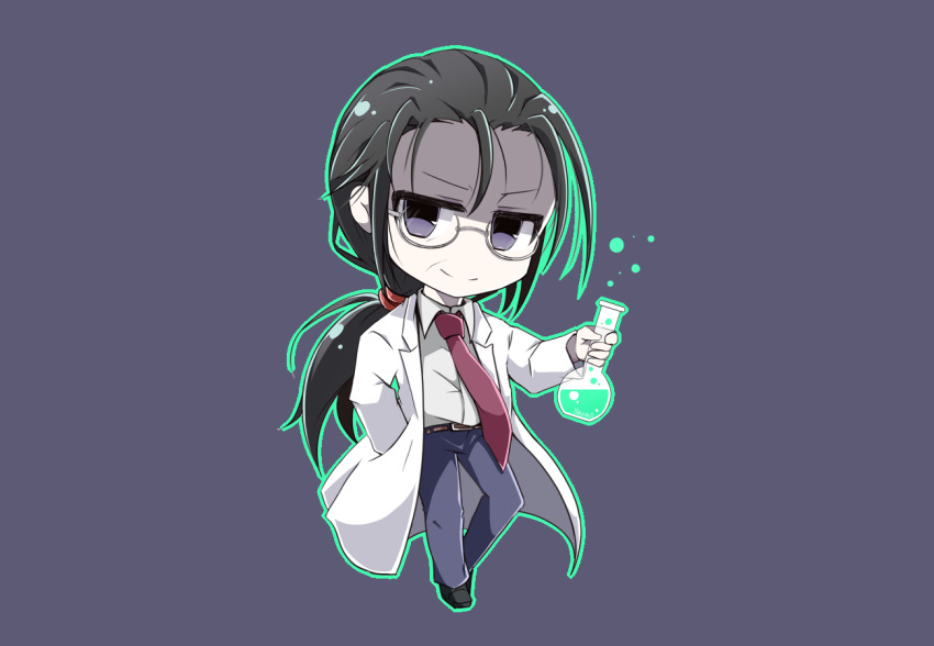 1boy black_footwear black_hair chibi collared_shirt final_fantasy final_fantasy_vii glasses grey_eyes grey_pants hair_between_eyes hair_tie hand_in_pocket holding_beaker jacket lab_coat low_ponytail male_focus nanao_(zonzonsh) necktie pants ponytail professor_houjou red_necktie shirt solo white_jacket white_shirt wrinkled_skin