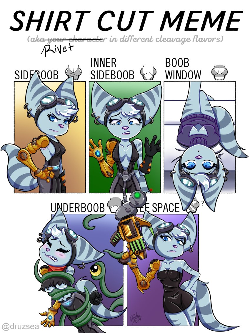 1girl 1other absurdres alien blue_eyes breasts dress druzsea furry gloves goggles goggles_on_head gun highres lipstick makeup mechanical_arms meme meme_attire multiple_drawing_challenge multiple_views open-chest_sweater pointy_ears ratchet_&amp;_clank ratchet_&amp;_clank:_rift_apart rivet_(ratchet_&amp;_clank) scarf shirt_cut_meme sideboob single_mechanical_arm striped_tail sweater tail tentacles underboob weapon