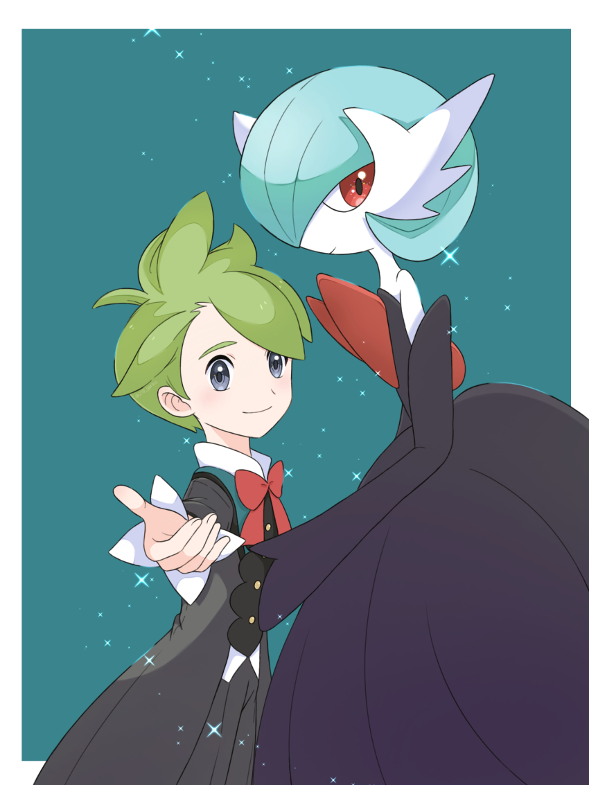 1boy 1girl alternate_color arm_up bare_shoulders black_coat black_gloves black_pants blue_background blue_hair blush bob_cut border bow bowtie closed_mouth coat collared_shirt colored_skin cowboy_shot dress elbow_gloves flat_chest from_side gardevoir garibo gen_3_pokemon gloves green_hair grey_eyes hair_over_one_eye happy highres light_blush long_sleeves looking_at_viewer mega_gardevoir mega_pokemon nintendo one_eye_covered outside_border outstretched_arm pants pokemon pokemon_(creature) pokemon_masters_ex reaching reaching_towards_viewer red_bow red_bowtie red_eyes shiny_pokemon shirt short_hair simple_background smile sparkle standing strapless strapless_dress wally_(pokemon) wally_(sygna_suit)_(pokemon) white_border white_dress white_shirt white_skin