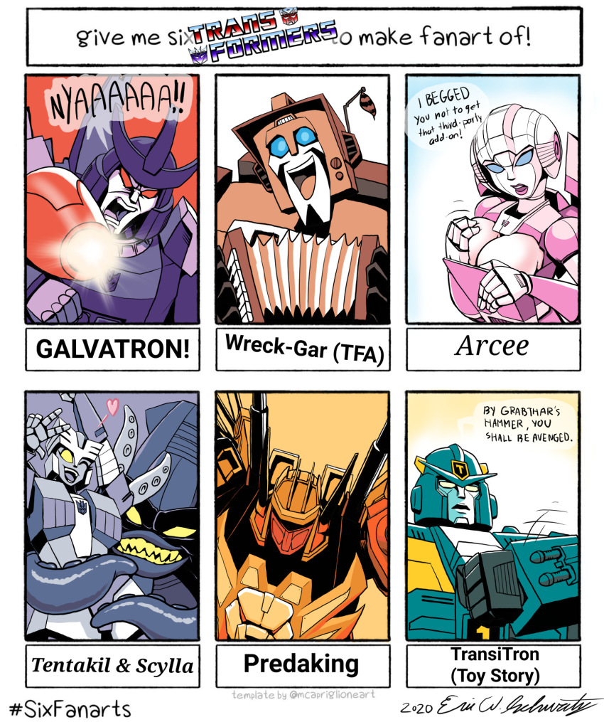 arcee arm_cannon blue_eyes breasts covering_breasts covering_privates english_text eric_w_schwartz galvatron helmet highres large_breasts mecha multiple_drawing_challenge pink_lips predaking red_eyes robot robot_girl scylla_(transformers) six_fanarts_challenge tentacles transformers transformers:_generation_1 transformers_animated transitron weapon wreck-gar yellow_eyes
