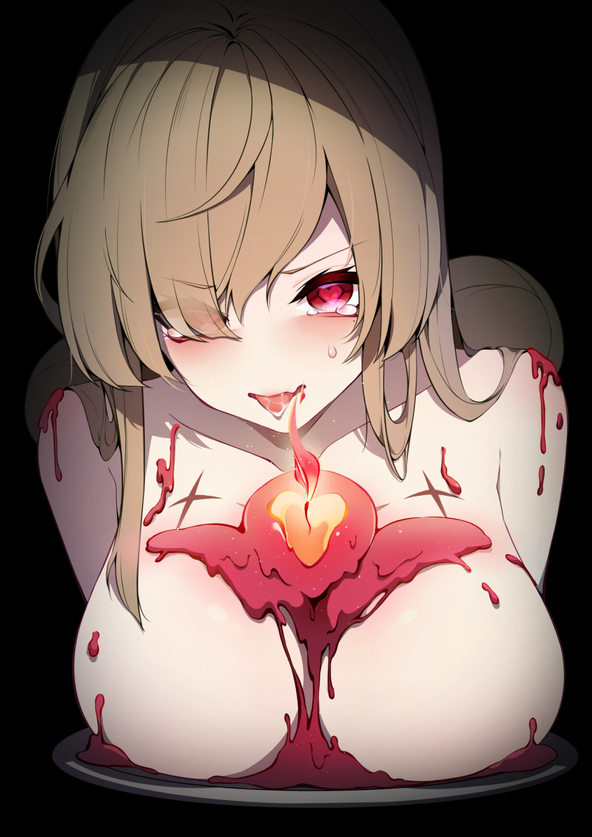 1girl araga_kiwi armpit_crease black_background blush breasts breasts_on_tray brown_hair bun_ends candle candle_wax chest_tattoo chiaroscuro collarbone commentary_request eyes_visible_through_hair fang fire hair_bun hair_over_one_eye hair_over_shoulder heart heart-shaped_pupils highres huge_breasts ilovethelife leaning_forward long_bangs long_hair looking_at_viewer mahou_shoujo_ni_akogarete mole mole_under_eye nude parted_bangs parted_lips red_eyes red_pupils saliva simple_background skin_fang star_tattoo sweatdrop symbol-shaped_pupils tattoo tearing_up tongue tongue_out twintails upper_body v-shaped_eyebrows wax_play