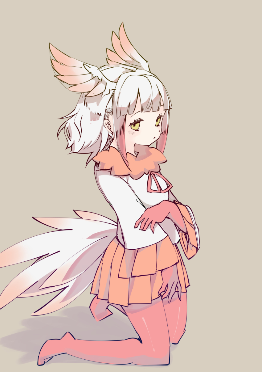 1girl bird_girl bird_tail bird_wings bird_witch commentary_request elbow_gloves frilled_sleeves frills fur_collar gloves head_wings highres japanese_crested_ibis_(kemono_friends) kemono_friends kneeling long_sleeves multicolored_hair neck_ribbon no_shoes pantyhose pleated_skirt red_fur red_gloves red_hair red_pantyhose red_ribbon red_skirt ribbon shirt short_hair sidelocks skirt solo tail white_hair white_shirt wings yellow_eyes