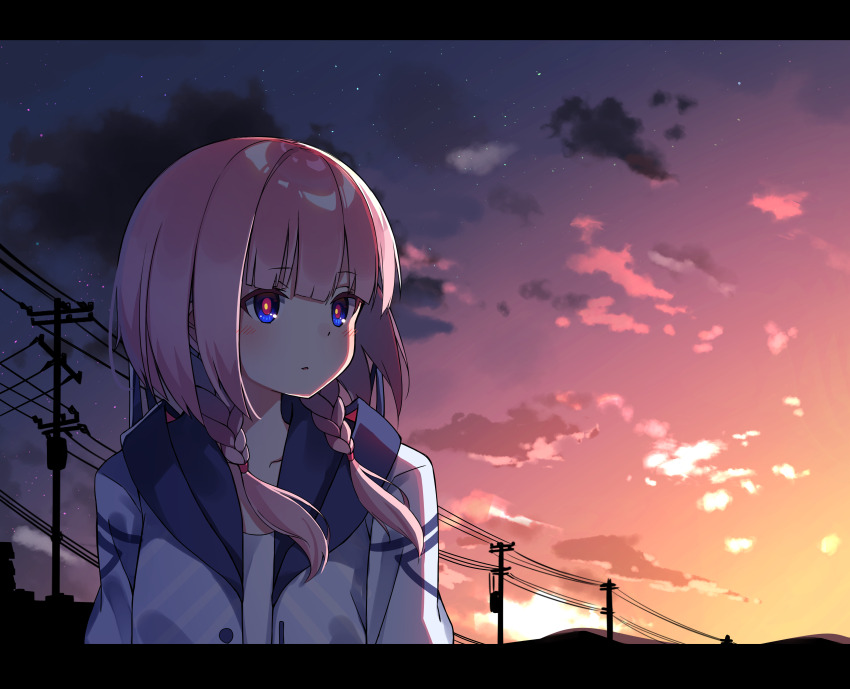 1girl 2019 absurdres blue_eyes character_request cloud cloudy_sky commentary_request copyright_request highres looking_to_the_side pink_hair shirt sky solo sunset tag zoirun