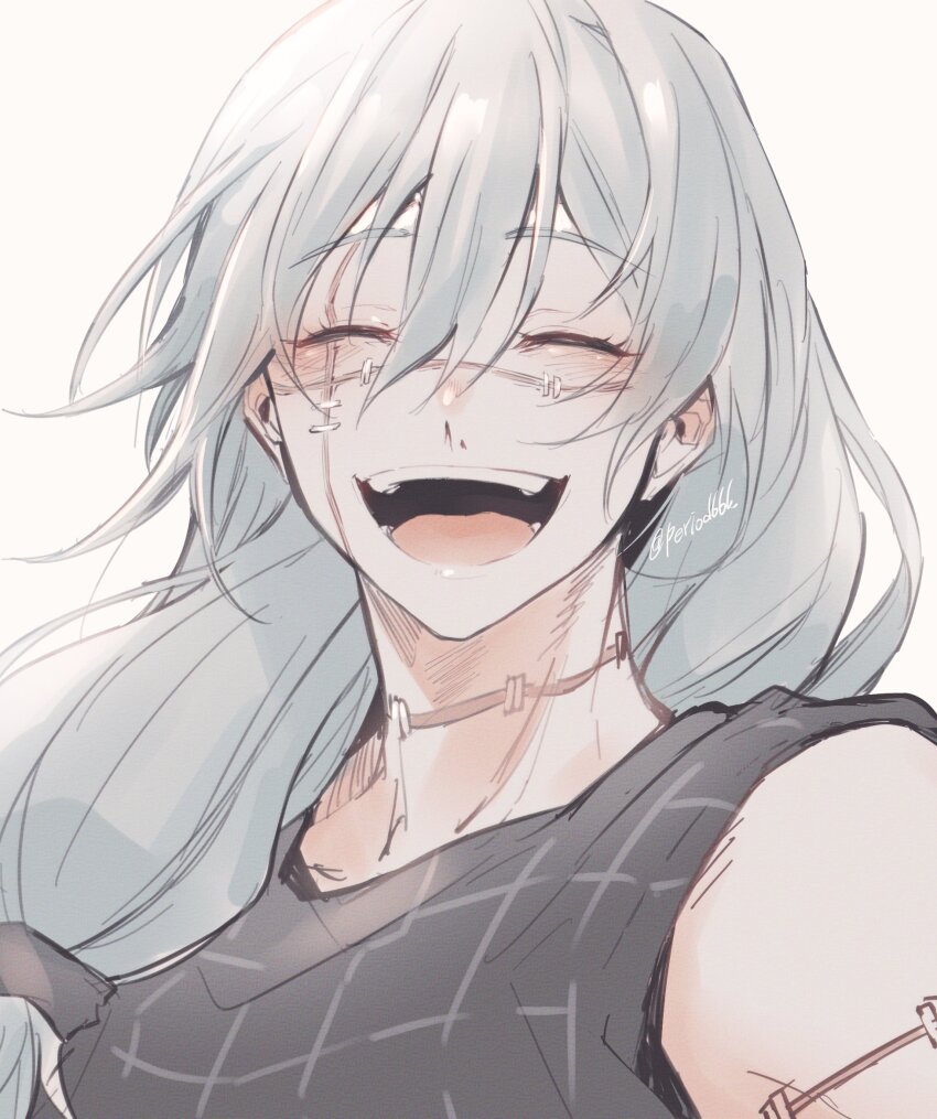 1boy akasuzu3641 blue_hair blush closed_eyes highres jujutsu_kaisen long_hair low-tied_long_hair mahito_(jujutsu_kaisen) male_focus open_mouth pale_skin simple_background smile solo stitched_arm stitched_face stitched_neck stitches teeth tongue upper_body white_background