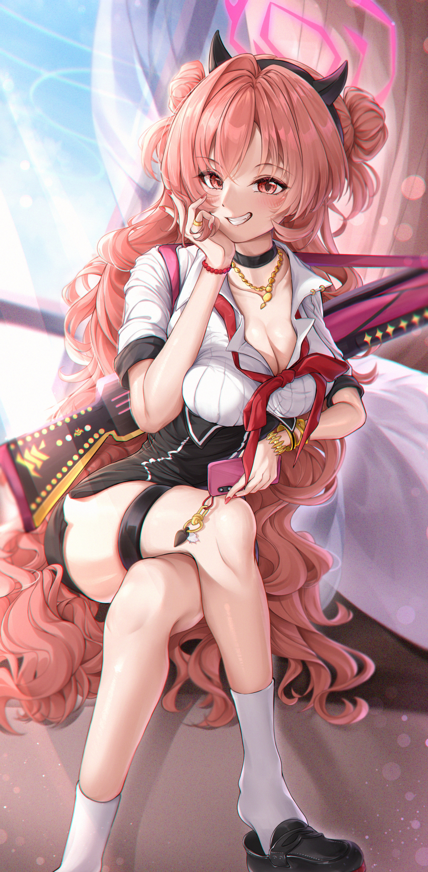 1girl absurdres assault_rifle black_choker black_shoes black_skirt blue_archive blush breasts carbine cellphone choker cleavage collared_shirt double_bun fake_horns fingernails grin gun h&amp;k_hk33 hair_bun halo highres holding holding_phone horns indoors jewelry kirara_(blue_archive) large_breasts long_fingernails long_hair looking_at_viewer nail_polish necklace norimori phone pink_eyes pink_hair pink_halo red_nails revision rifle shirt shoes short-barreled_rifle sitting skirt smartphone smile socks solo thigh_strap weapon white_shirt white_socks