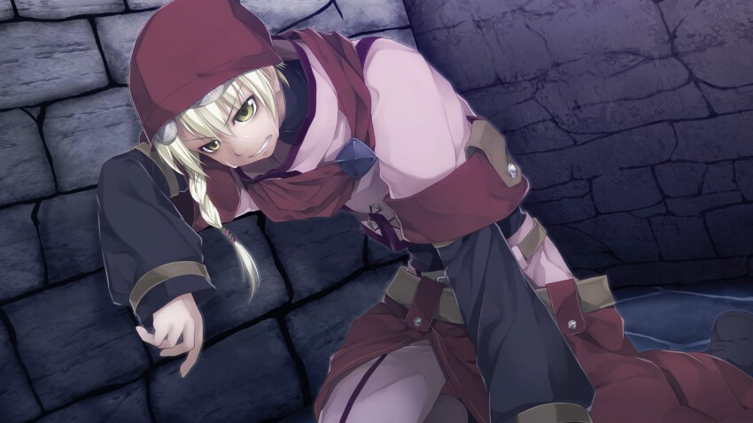 1boy against_wall atelier-moo belt blonde_hair braid clenched_teeth goggles goggles_on_head grey_swift hair_between_eyes hat highres kneeling leaning_forward long_sleeves male_focus open_mouth red_hat short_hair solo stone_floor stone_wall sweat teeth unworn_goggles wall wizards_symphony yellow_eyes